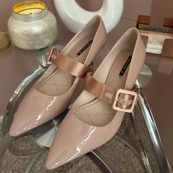 Zara Nude Patent Leather Kitten Heels with Buckle 38 - Picture 3 of 9